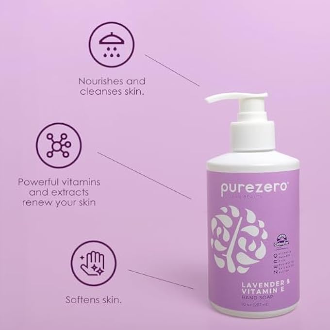 Purezero LAVENDER & VITAMIN E HAND SOAP SOOTHING & HYDRATING, PARABEN-FREE & VEGAN LIQUID HAND WASH FOR BATHROOM OR KITCHEN, USA-MADE, CRUELTY-FREE, 10 OUNCES (3 PACK) - Image 4